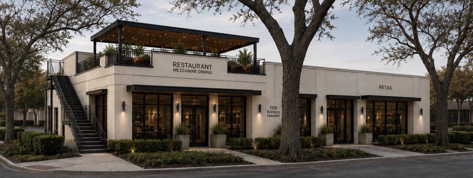 Rendering of Business Parkway Retail Development, a mixed retail and restaurant building